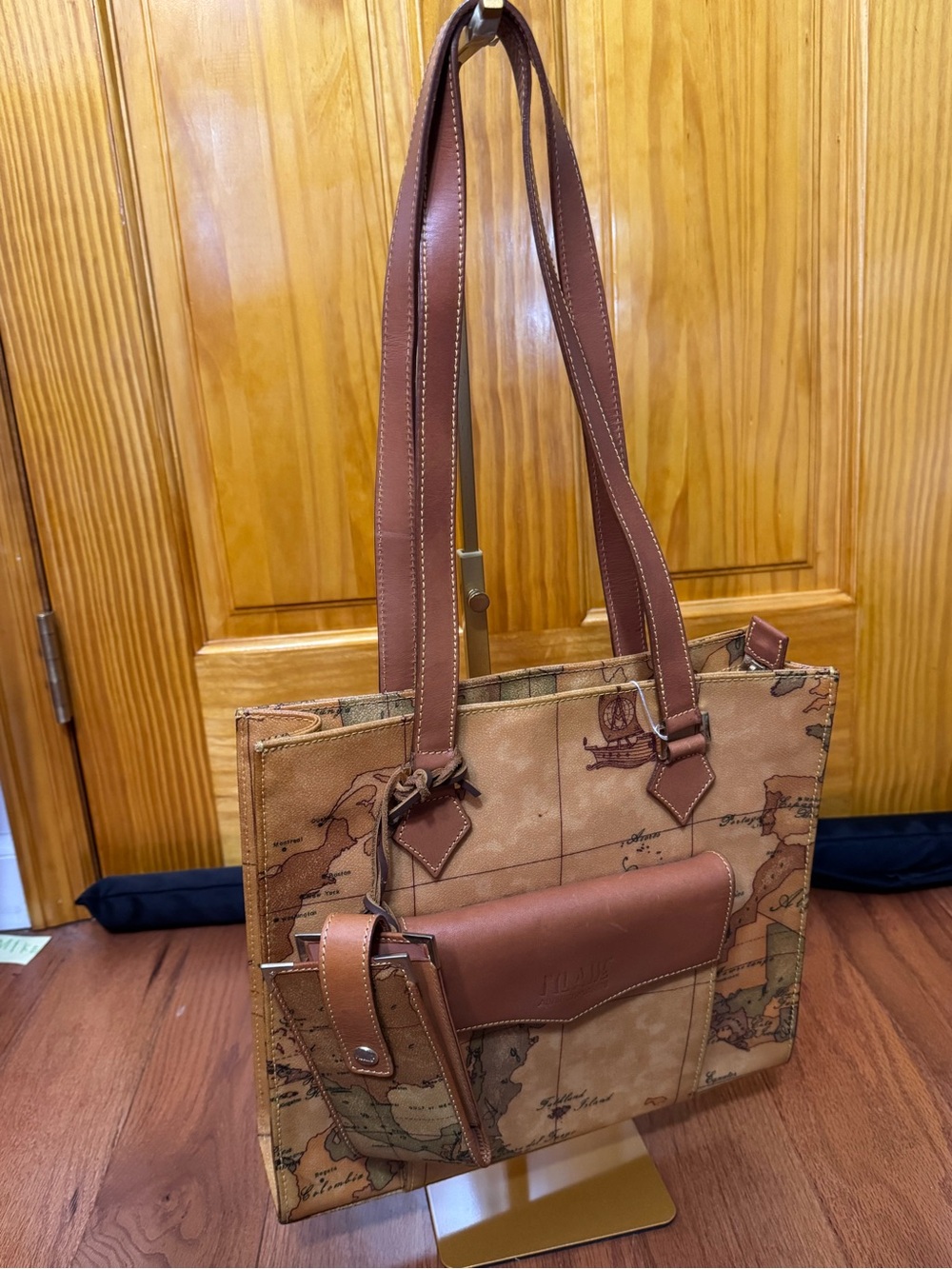 Alviero Martini Map-Print Canvas Tote in Brown with Leather Trim